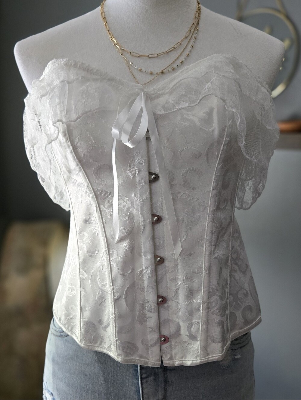 White Lace Ribbon Corset Top